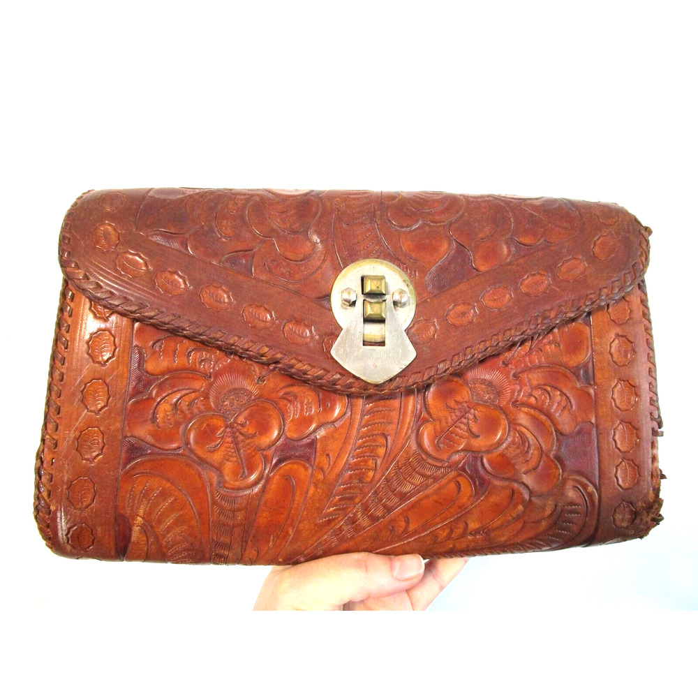 Vintage 70's Distressed Tooled Leather Clutch Purse - Picture 3 of 10